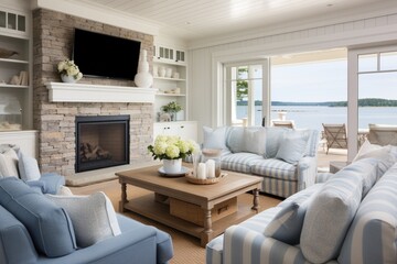 Develop a coastal-inspired interior with nautical elements and a serene color scheme