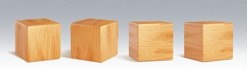 3d wood cube block to play game realistic vector. Isolated wooden education cubic toy design. Building brick toy piece set mockup. 4 basic timber clear brown object perspective side view closeup.