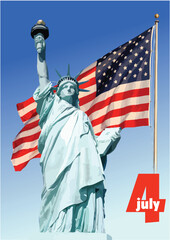 Independence day  USA with freedom statue and American flag images. 3d color vector illustration