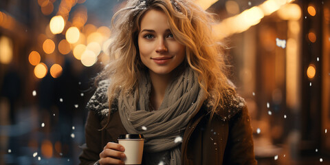 Outdoor portrait of beautiful smiling young woman with coffee at winter city street. Winter fashion, Christmas holidays concept. Banner