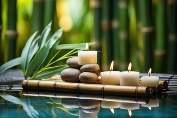 Spa setting near water pool on bamboo. Soft balm therapy flower aroma. Generate Ai