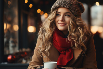 Outdoor portrait of beautiful smiling young woman with coffee in city street. Winter fashion, Christmas holidays concept. Copy space