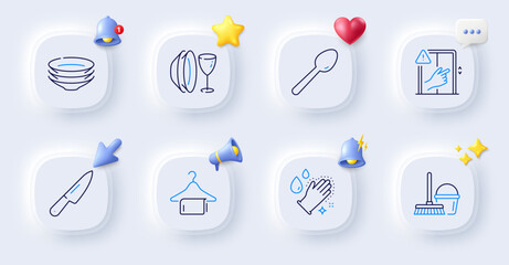Bucket with mop, Dishes and Dont touch line icons. Buttons with 3d bell, chat speech, cursor. Pack of Washing hands, Dish plate, Knife icon. Spoon, Clean towel pictogram. For web app, printing. Vector
