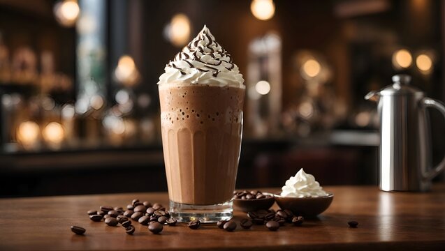 A cozy coffee shop scene with a mocha smoothie in a clear glass,