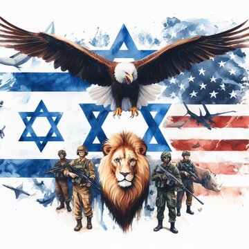 Generative AI image of an Israeli soldier and lion over a flag of Israel and USA flag as a background