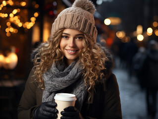 Outdoor portrait of beautiful smiling young woman with coffee in city street. Winter fashion, Christmas holidays concept. Free space