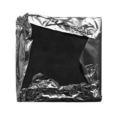 Isolated Metallic wrap foil bag on paper canvas, frame for packaging music cover art and square posters, greeting cards, to announce your work, Y2K style