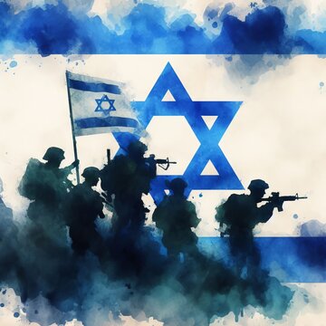 Generative AI image of a Israeli soldiers over a flag of Israel as a background