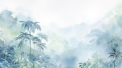 Fototapeta na wymiar watercolor background light green blue and white shades rainforest in the rainy season, abstract background