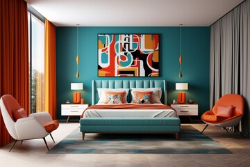 Develop a mid-century modern bedroom with retro furnishings and bold colors