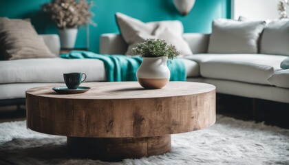 Rustic round coffee table positioned near a white sofa against a turquoise wall.