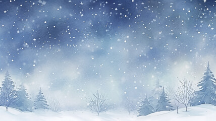watercolor landscape winter, snow, snowfall view with copy space, empty banner, postcard for the new year