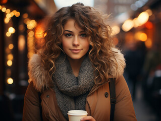 Outdoor portrait of beautiful smiling young woman with coffee at winter city street. Winter fashion, Christmas holidays concept. 