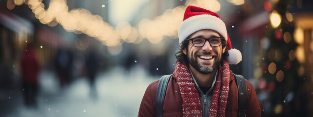 Handsome joyful man standing in decorated Christmas city. Close up portrait of male in santa hat. Winter and New year holidays. Banner, free space