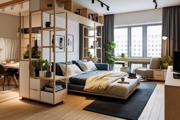 Develop a studio apartment layout that maximizes space and storage