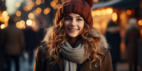 Outdoor close up portrait of young beautiful happy smiling girl, posing at winter street of european city. Winter fashion, Christmas holidays concept. 
