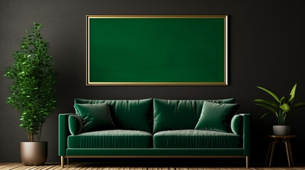 Mock up picture frame in dark green room