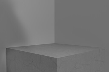 3D rendering of empty space for product display. square pedestal, gray background