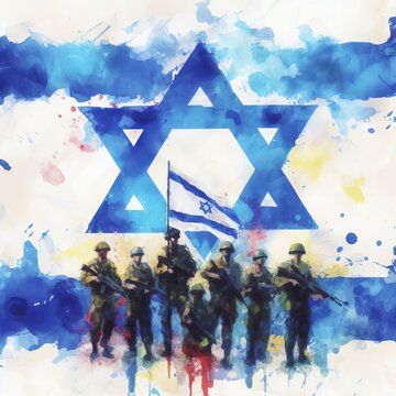 Generative AI image of a Israeli soldier and a flag of israel
