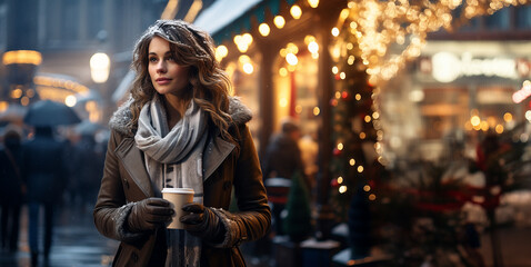 Beautiful smiling young woman with coffee walking at winter city street. Winter fashion, Christmas holidays concept. Copy space, banner