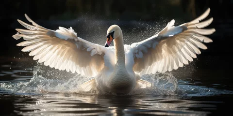 Badkamer foto achterwand a image Shining white feathered swan sitting on a green lake, AI Generative © Horsi