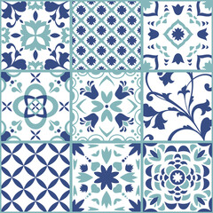 Spanish or Portuguese vector tile, Lisbon flower mosaic, Mediterranean seamless dark blue ornament