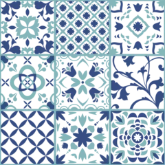 Gordijnen Spanish or Portuguese vector tile, Lisbon flower mosaic, Mediterranean seamless dark blue ornament © barberry