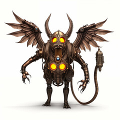 Fototapeta premium Mechanical Monster with horns and wings. Steampunk style. Isolated on white background. Generative AI.