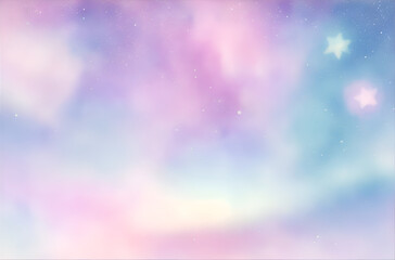 Pastel fantasy sky with bokeh and stars. Magic holographic galaxy
