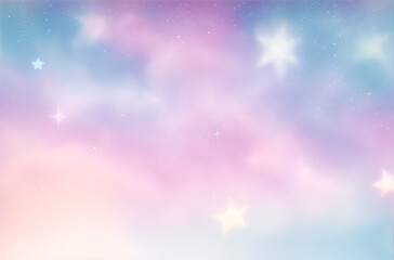 Fototapeta na wymiar Pastel fantasy sky with bokeh and stars. Magic holographic galaxy