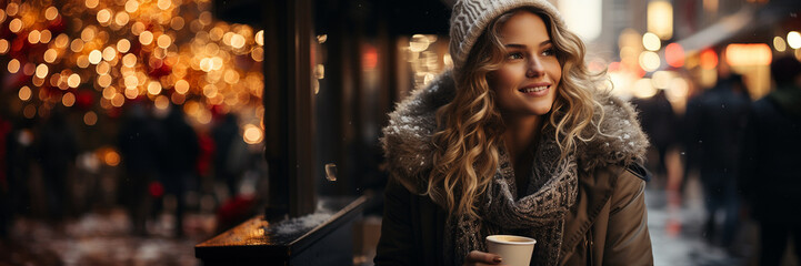 Outdoor portrait of beautiful smiling young woman with coffee at winter city street. Winter fashion, Christmas holidays concept. Copy space, banner