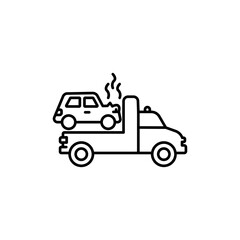 Damaged car on the tow truck. Vector isolated outline drawing. Editable stroke