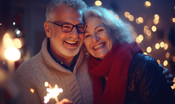 Happy mature couple with Christmas sparklers at home