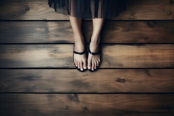Beautiful woman legs in sandals on wood floor. Summer fashion female style. Generate Ai