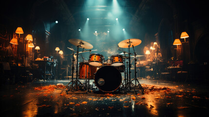 Drums and drum set. Beautiful blue and red background, with rays of light. Beautiful special effects of smoke and lighting. Musical instrument. The concept of music. Close-up photo.