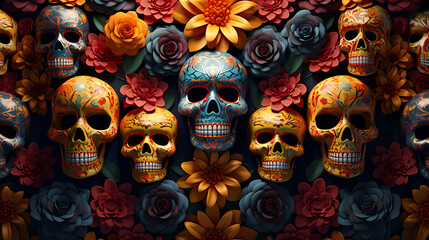 A vibrant Día de los Muertos celebration scene with intricately designed sugar skulls nestled among marigold petals, 3D rendered digital illustration