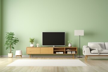 Minimalist vintage living room with TV cabinet, display, wood flooring, pastel green wall. Generative AI