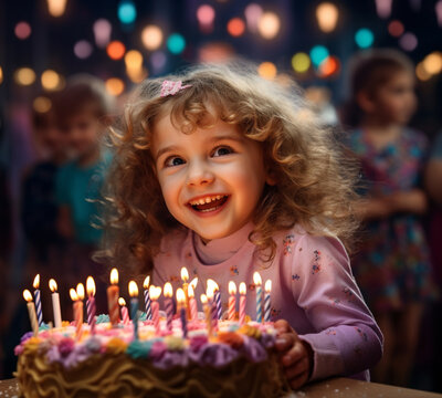 5 year old girl celebrating her birthday with a cheerful smile near a cake with lit candles
