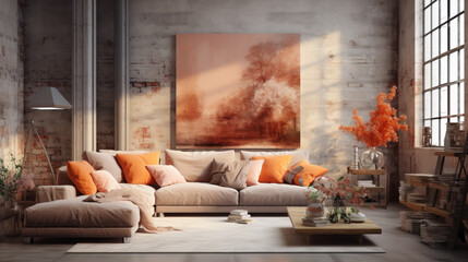 interior in loft style style, in Apricot Crush color 
