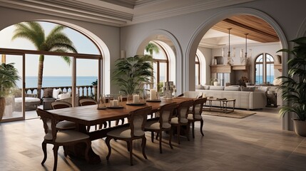 Fototapeta na wymiar Interior design of modern Mediterranean style seaside dining room with arched ceiling.