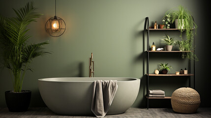 bathroom interior in a minimalistic style in the color of sage leaves