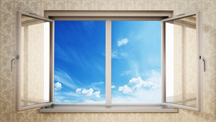 Half open windows inside an empty room opening to blue sky. 3D illustration