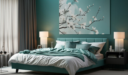 modern bedroom interior in turquoise color
