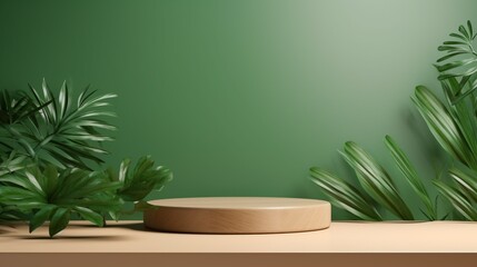 Product Presentation Elegance. Wooden podium, green backdrop, and natural daylight
