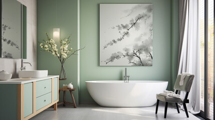 bathroom interior in a minimalistic style in the color of sage leaves
