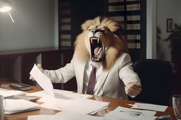 Concept furious lion businessman shouts and growls at meeting at his subordinates, throws paper....