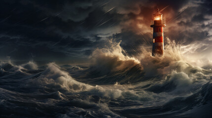 Ocean storm at lighthouse - obrazy, fototapety, plakaty