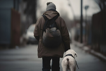 Homeless man walking down street with his friend dog. Concept friendship lifestyle. Generation AI. - obrazy, fototapety, plakaty