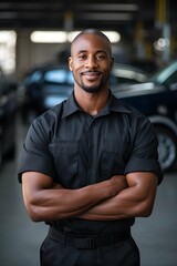 Confident African American male car mechanic in a garage background, professional auto maintenance photography, Vertical format 2:3