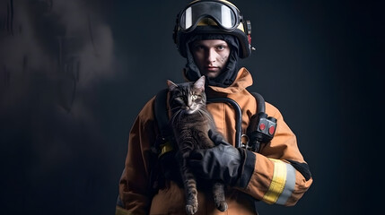 Obraz na płótnie Canvas Portrait of fireman in protective suit and red helmet holds saved cat from burning house. Concept heroic emergency service firefighter in fire fighting operation